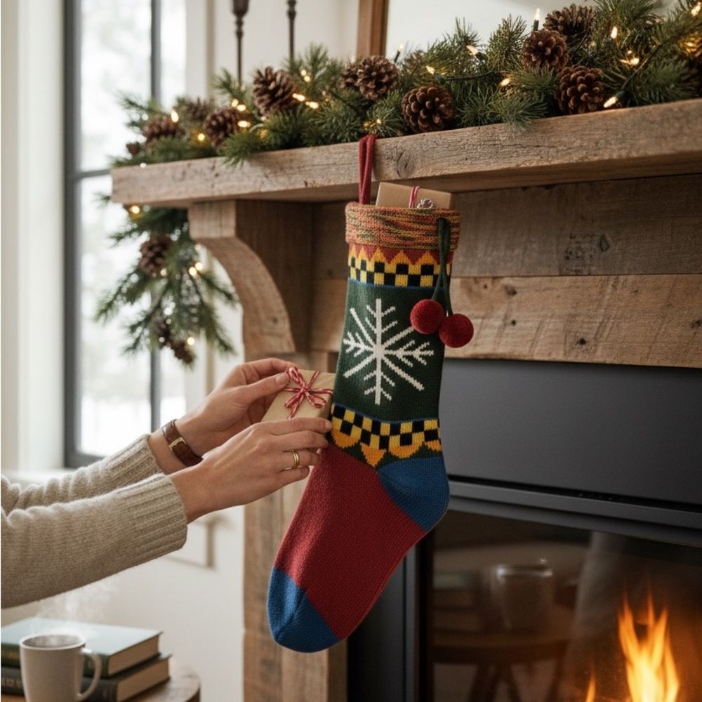 RUSS Christmas Stocking Knit Holiday Snowflake Rustic Cabin Decor